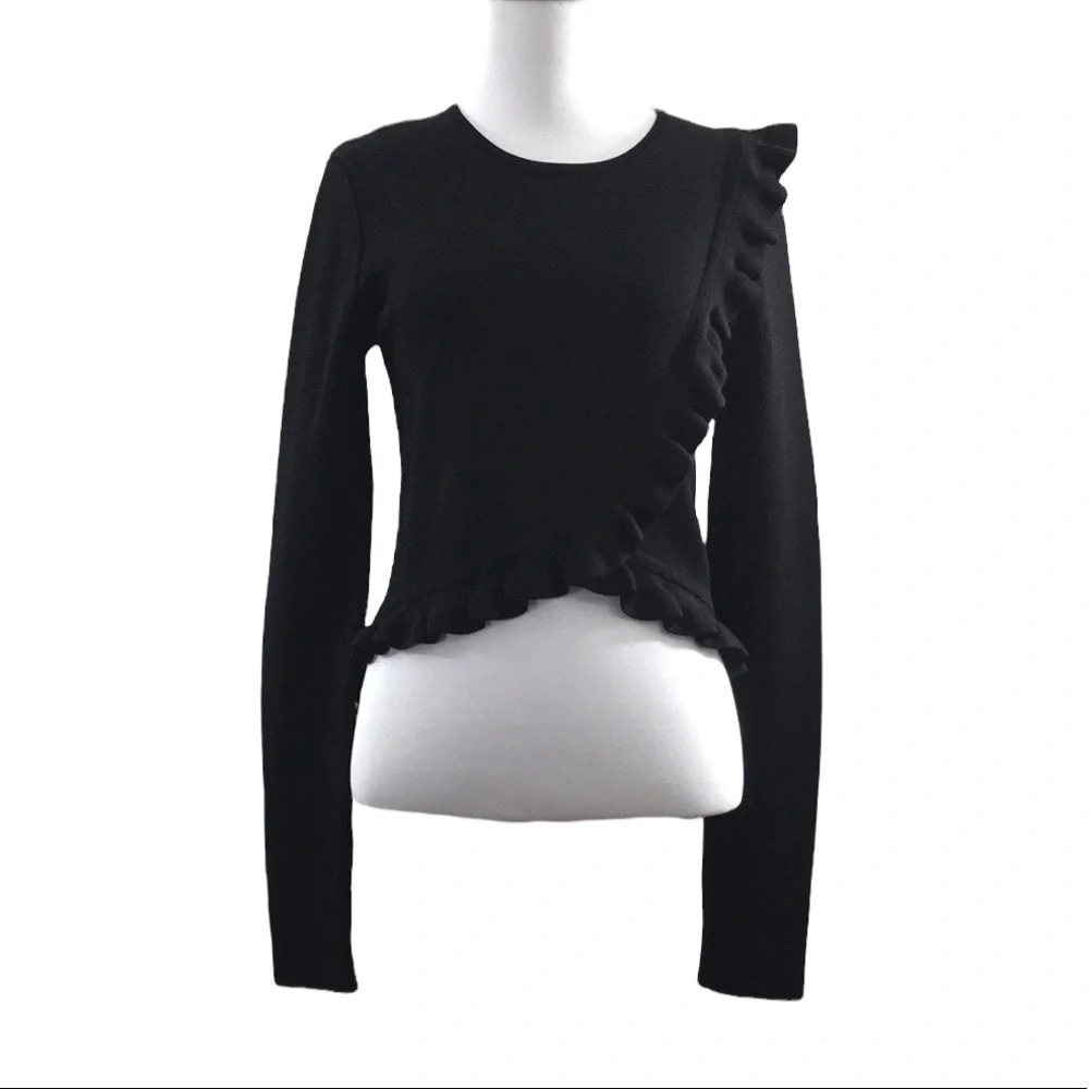 Torn By Ronnie Kobo Black Knit Ruffle Crop Top Womens Large Long‎ Sleeve